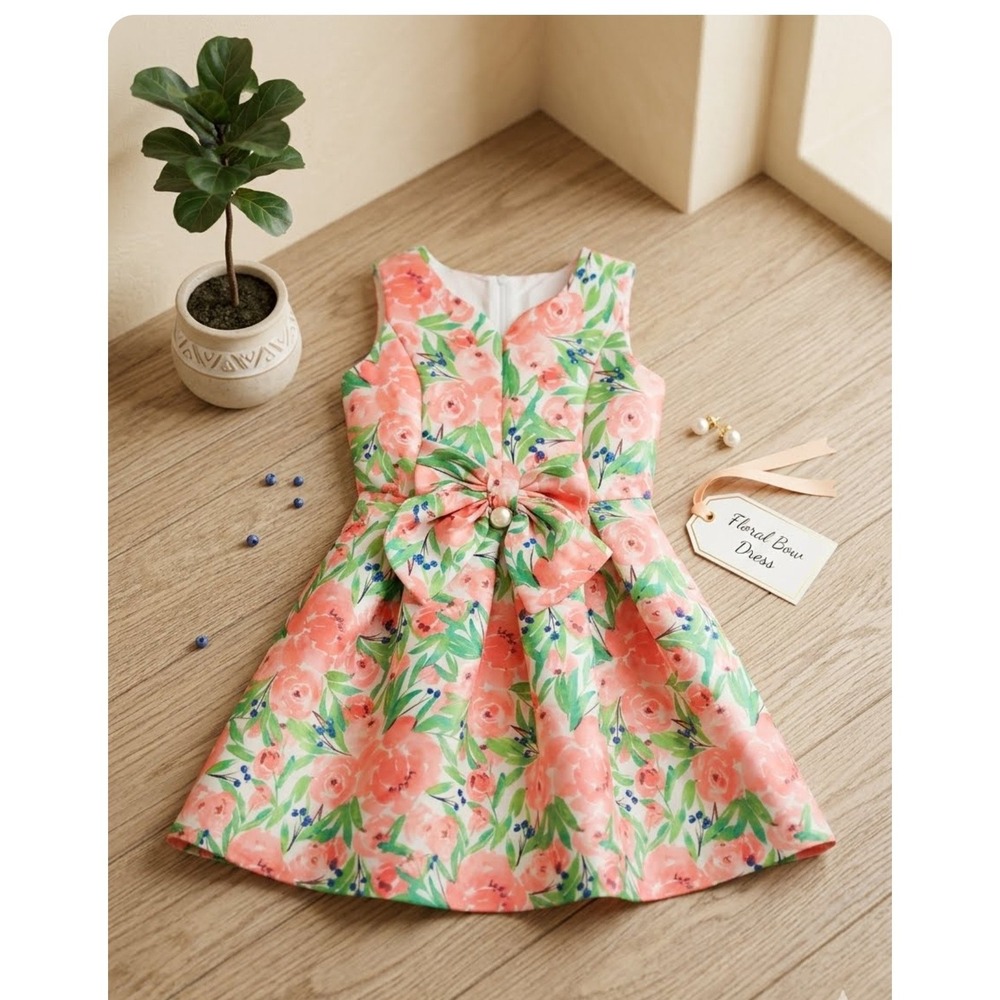 Wonder Nation Girls Pink Floral Bow Dress Faux Pearl Easter Special Occasion 5